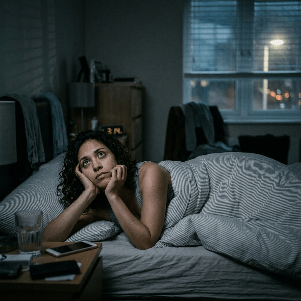 A woman lying in bed awake at night looking upwards with a clock showing 3:14 AM in the background