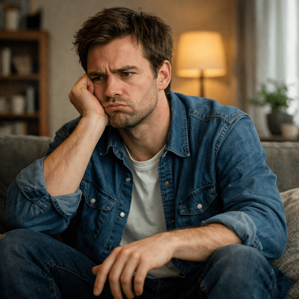 Young man resting his face on his hand looking pensive and bored