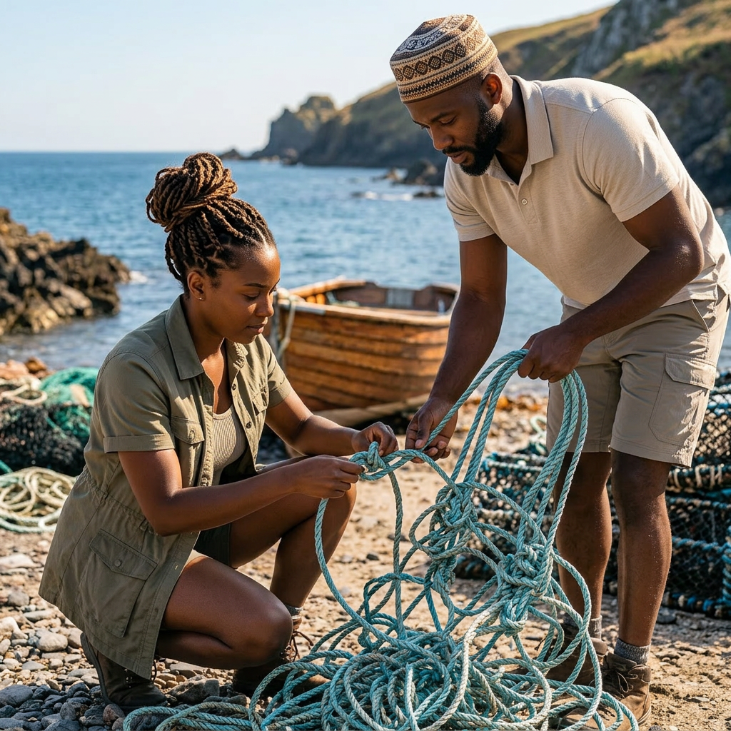 Two people organizing blue fishing ropes on a rocky beach with boat and ocean in background